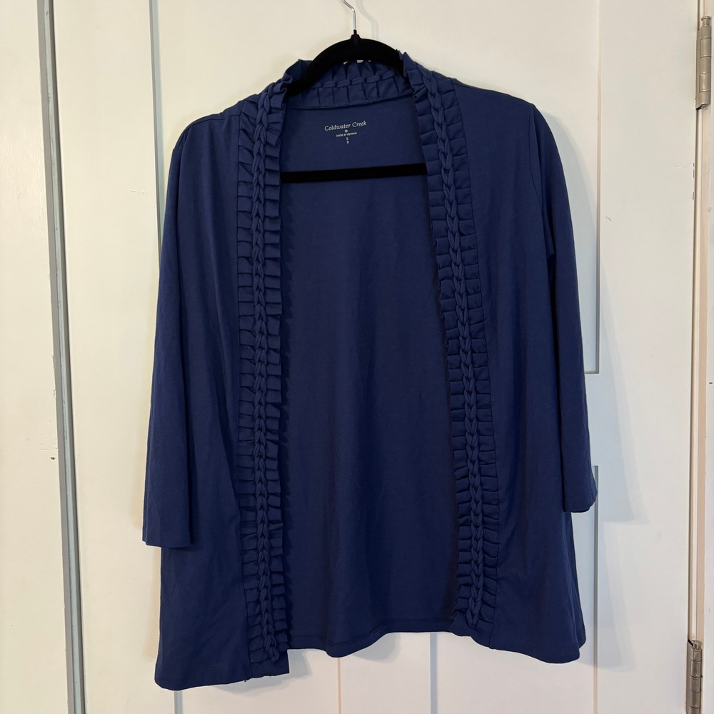 NWT Coldwater Creek Navy Blue Braided Ruffle Cardigan Open Front Cotton Size S